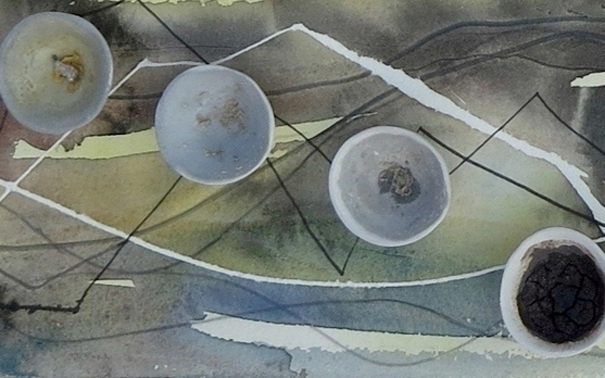Pulse 1012-13 porcelain receptacles of fired elements on watercolour, detail 1